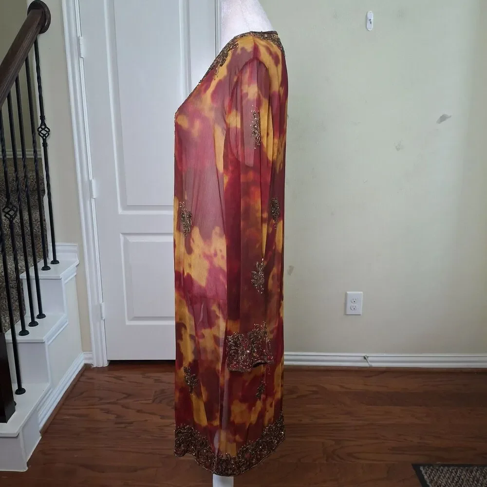 INDIGO MOON Beaded Long Open Duster Kimono Tie Dye Gold Red Medium Boho Vacation